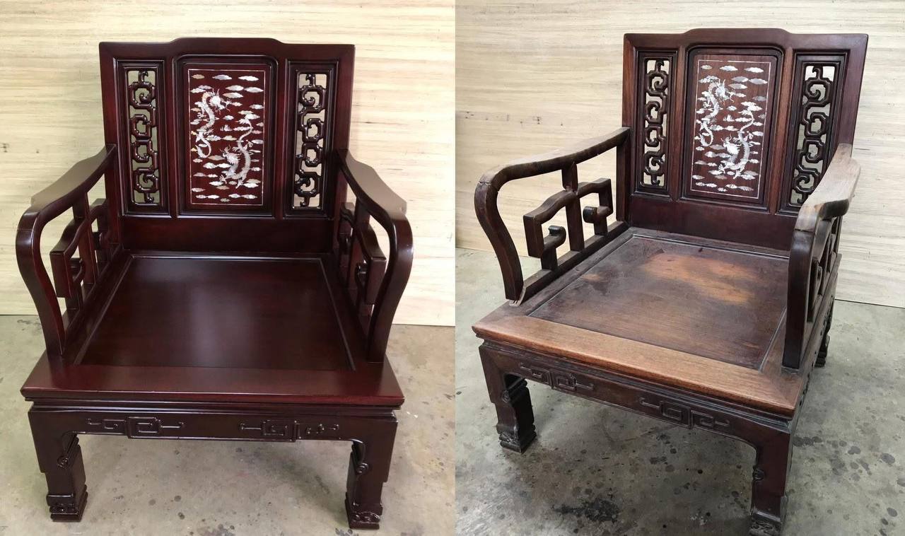 Carved armchair with mother-of-pearl inlay, before and after restoration