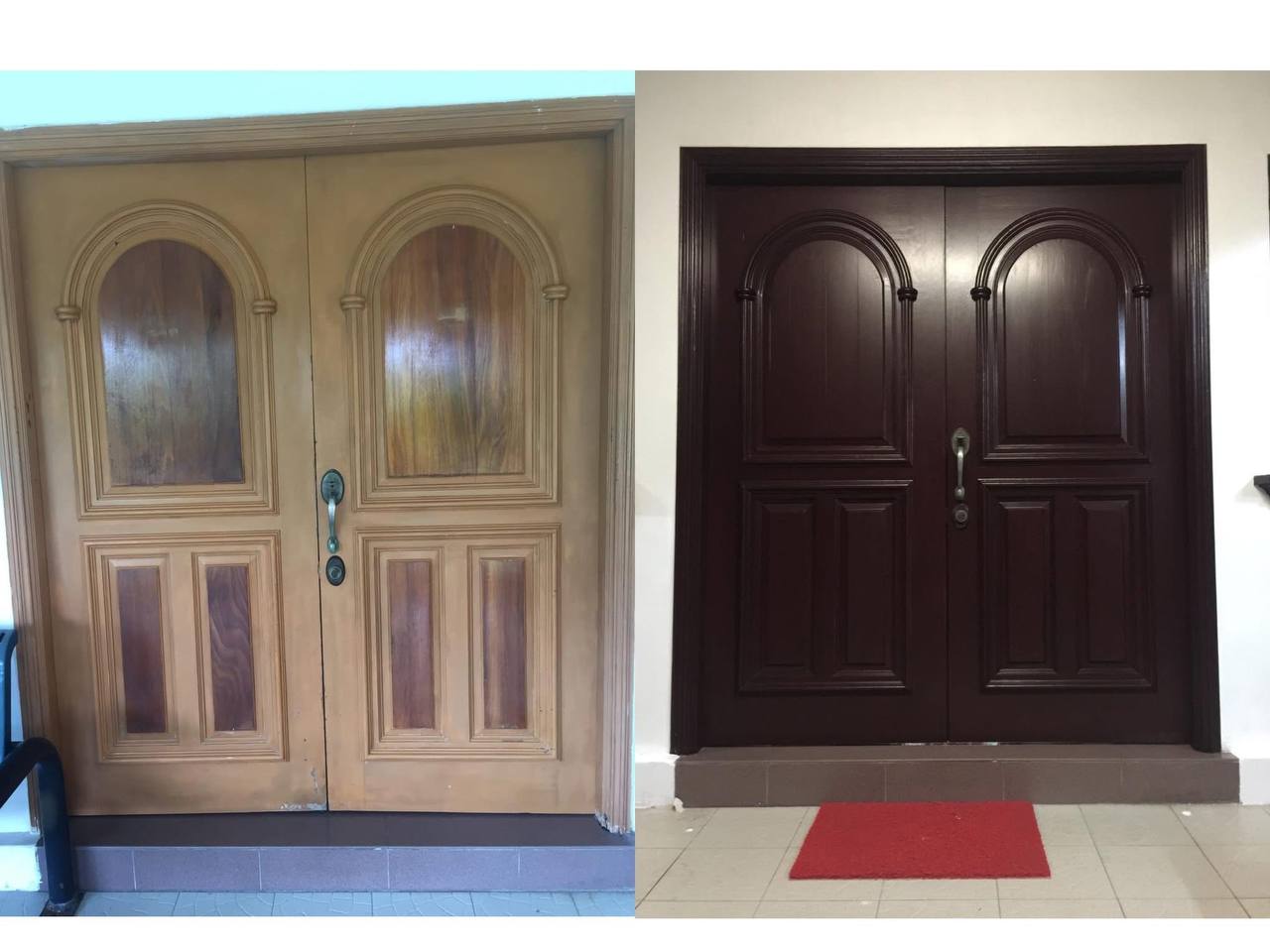 Wooden entrance door, before and after refinishing