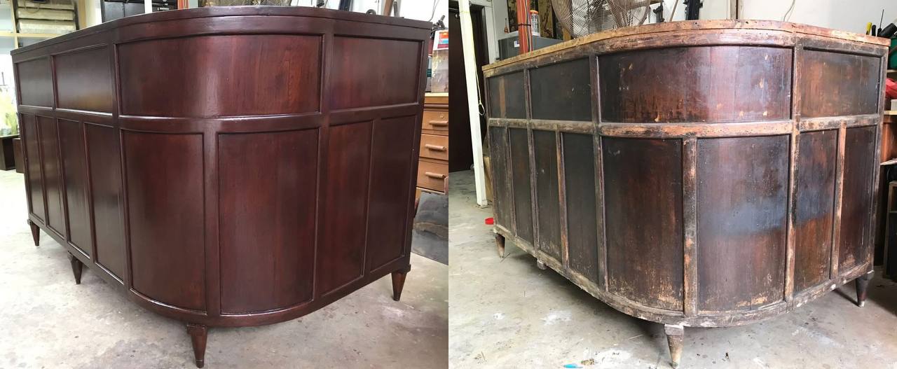 Restored front desk table in the Meng Antique workshop