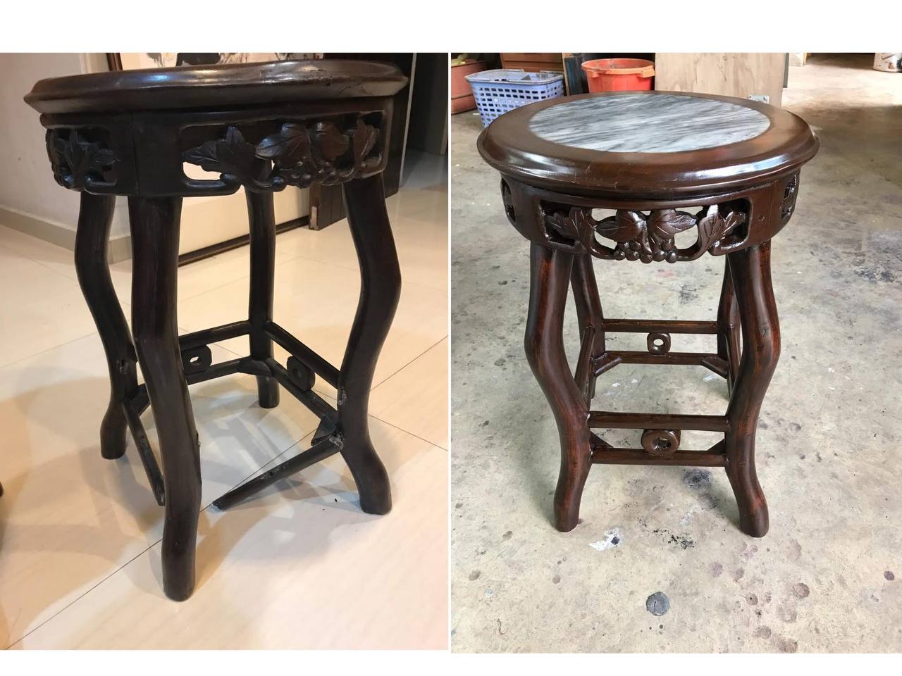 Antique marble-top table, before and after restoration