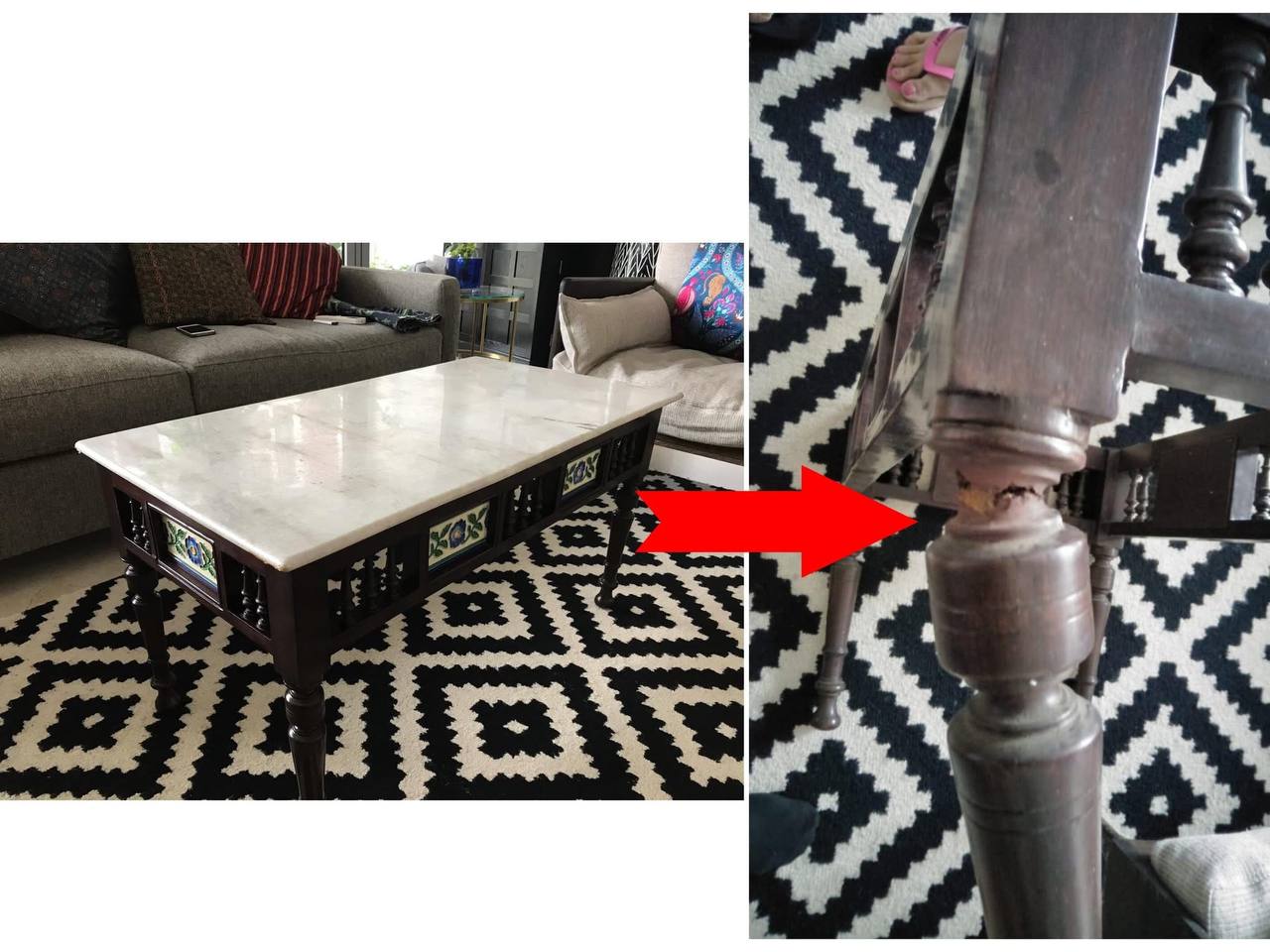 Marble-top coffee table with damaged leg, close-up