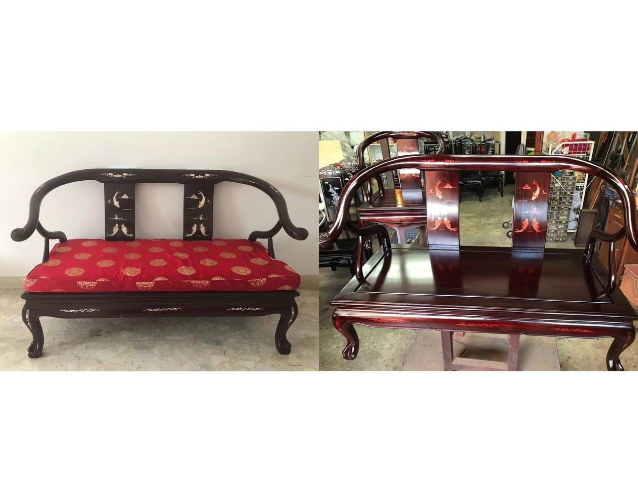 Carved lacquer bench, before and after restoration
